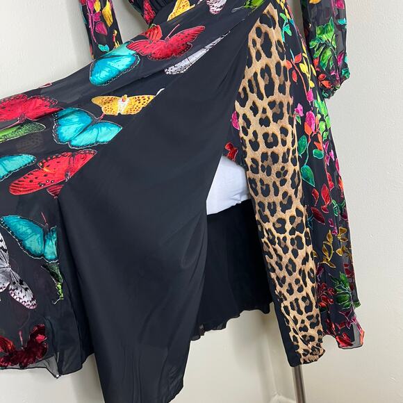 Alice + Olivia Jesse Wrap Dress 4/6 Silk Blend Whimsical Butterfly Leopard Midi - Picture 7 of 12